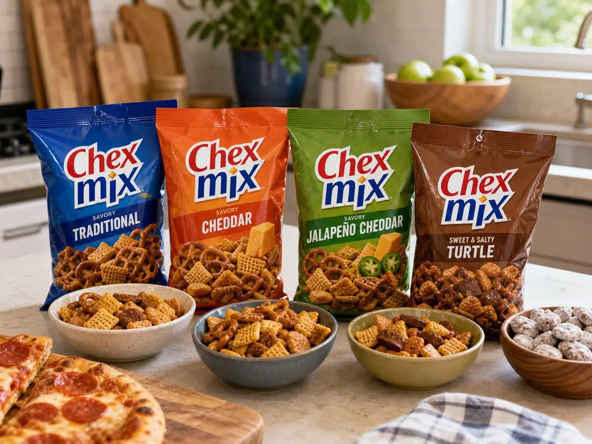 Chex Mix style snack bags with bowls of snack mix, pizza, and sweet snacks on a kitchen counter