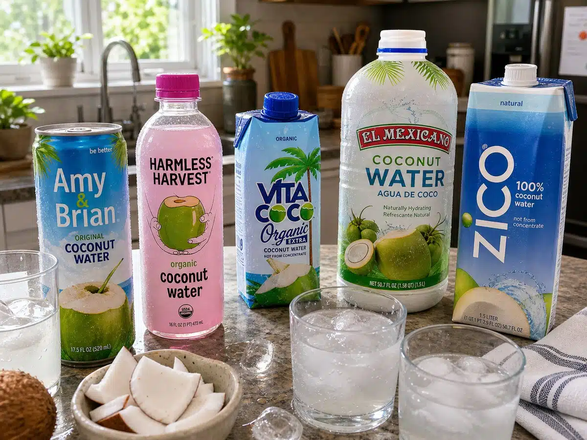 Editorial image of ranked coconut water bottles and cartons on a kitchen counter for best coconut water