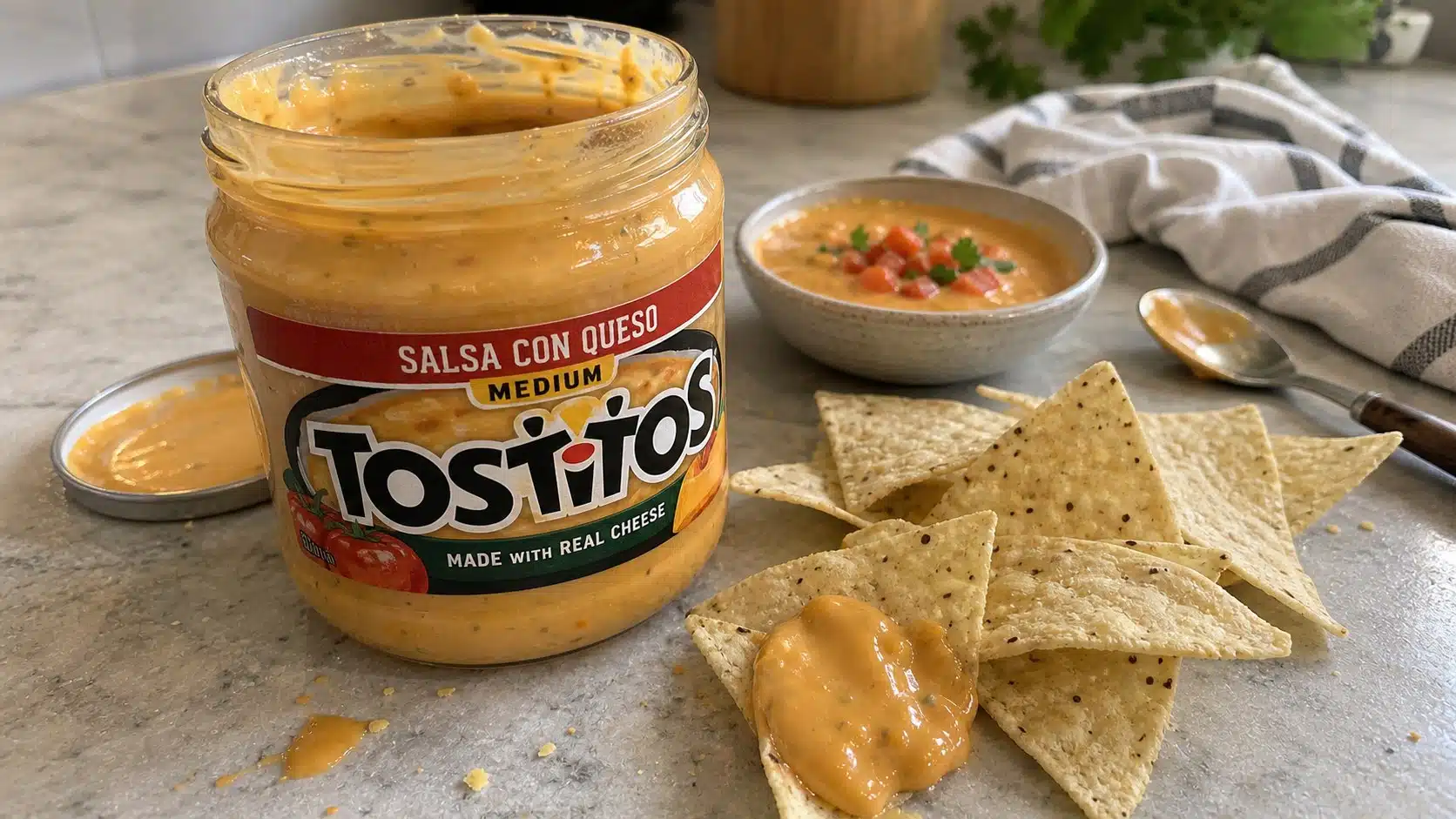 AI product-style photo of Tostitos Salsa Con Queso for best dips