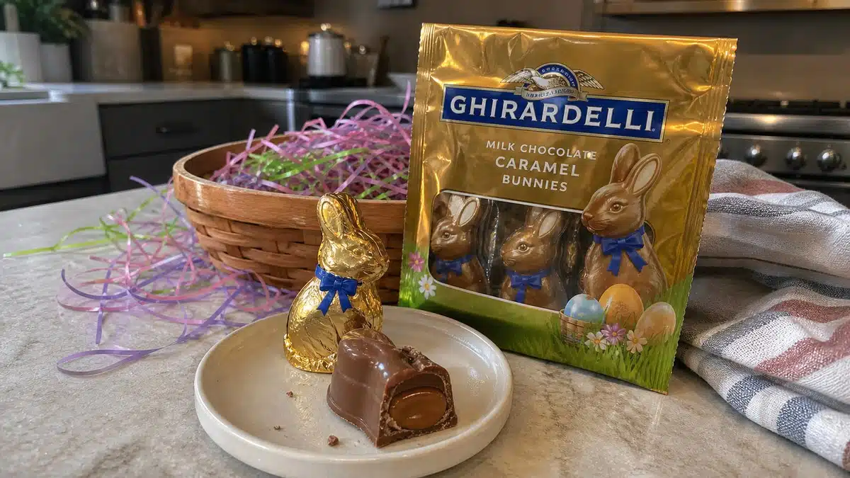 AI product-style photo of Ghirardelli Milk Chocolate Caramel Bunnies for best easter candy