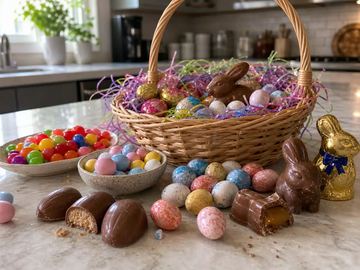 Easter candy basket with jelly beans, mini eggs, peanut butter eggs, robin eggs, and chocolate bunnies on a bright kitchen counter
