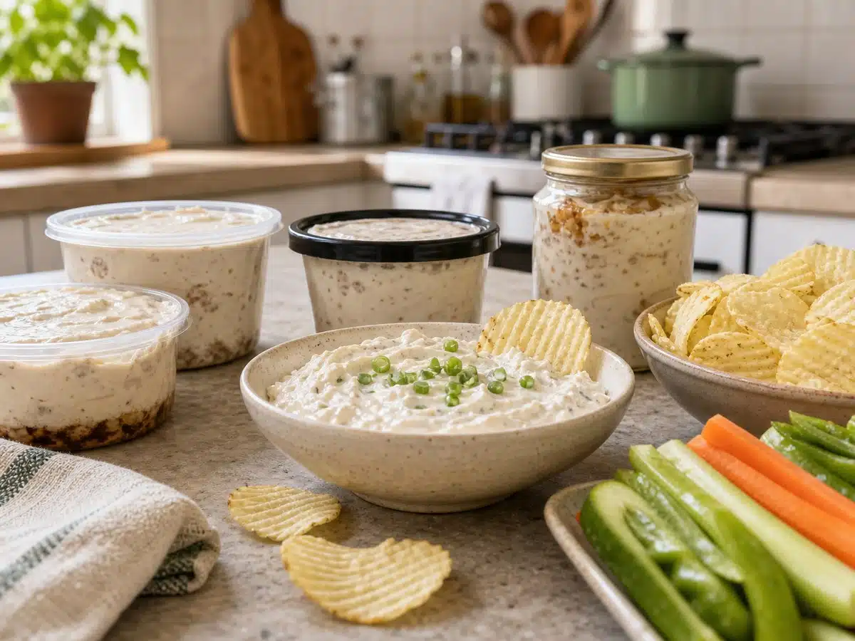 French onion dip tubs and ridged chips on a bright kitchen counter