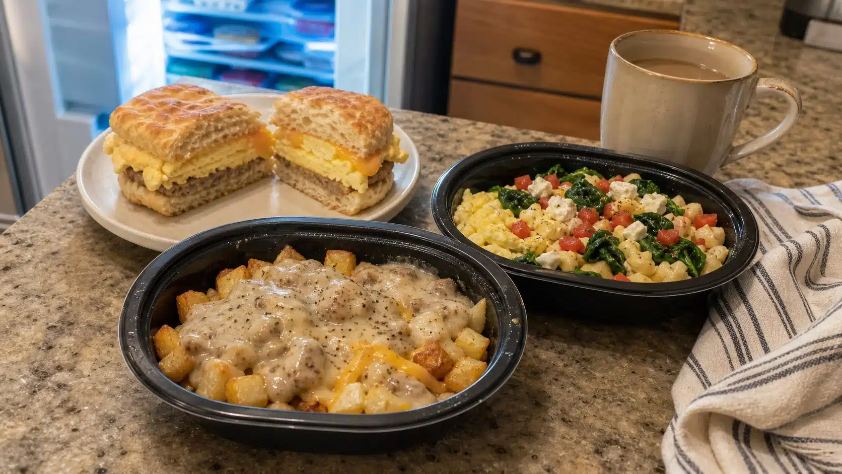 Frozen breakfast foods on a kitchen counter for best frozen breakfast foods