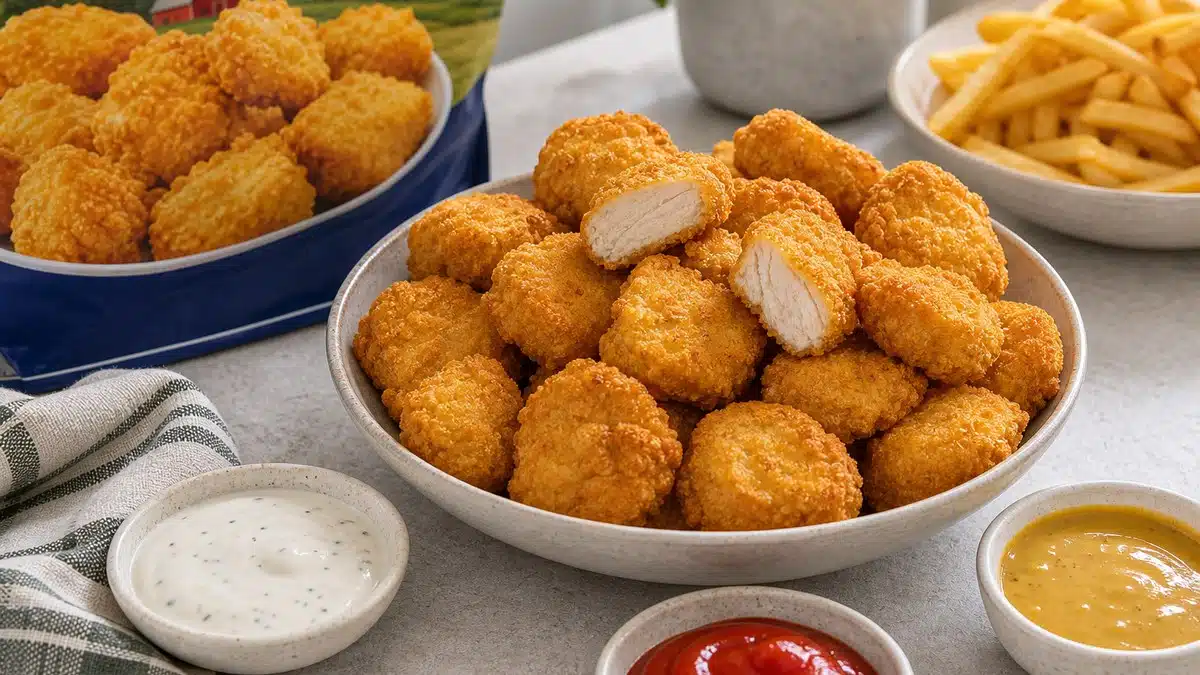 AI product-style photo of Bell & Evans Chicken Breast Nuggets for best frozen chicken nuggets