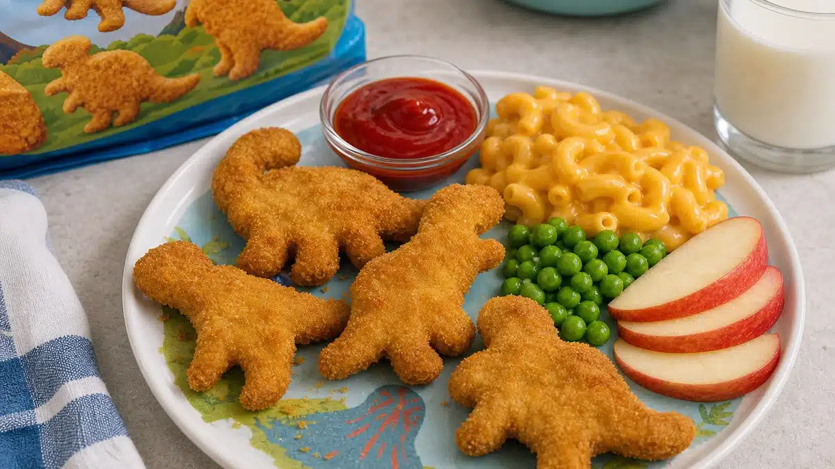 AI product-style photo of PERDUE Chicken & Vegetable Dino Nuggets for best frozen chicken nuggets