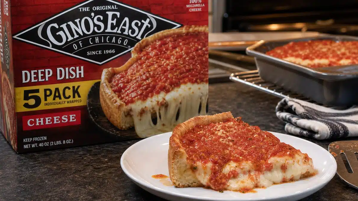 AI product-style photo of The Original Gino's East of Chicago Deep Dish 5 Pack (Cheese) for best frozen deep dish pizza