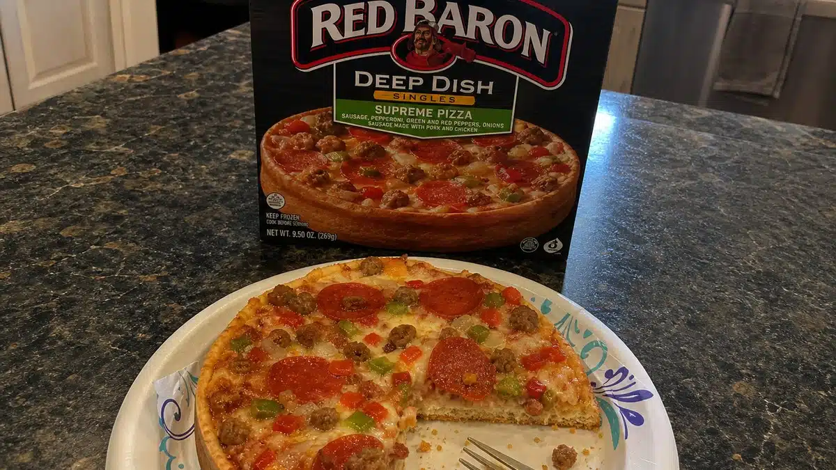 AI product-style photo of Red Baron Deep Dish Singles Supreme Pizza, 11.5 oz (Frozen) for best frozen deep dish pizza