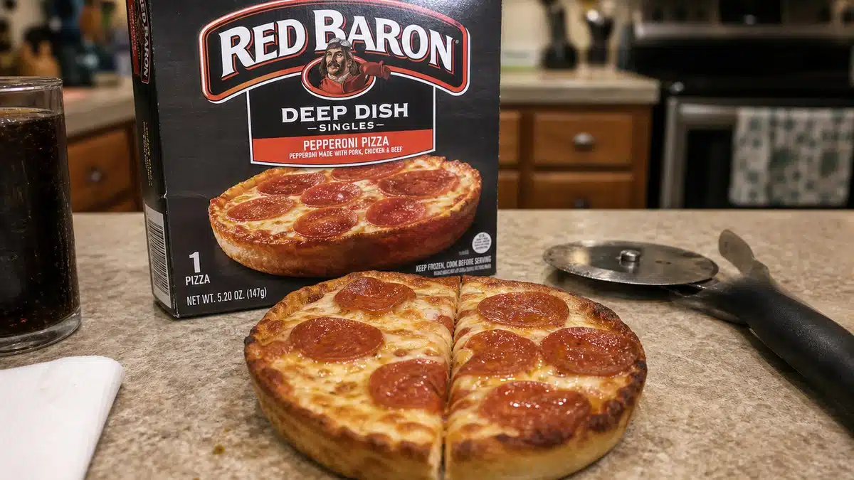AI product-style photo of Red Baron Deep Dish Singles Pepperoni Pizza, 11.2 oz (Frozen) for best frozen deep dish pizza