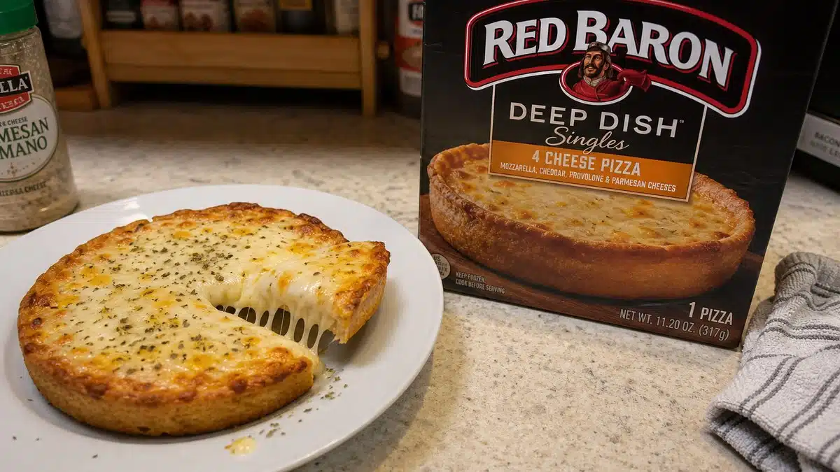 AI product-style photo of Red Baron Deep Dish Singles 4 Cheese Pizza, 11.2 oz (Frozen) for best frozen deep dish pizza