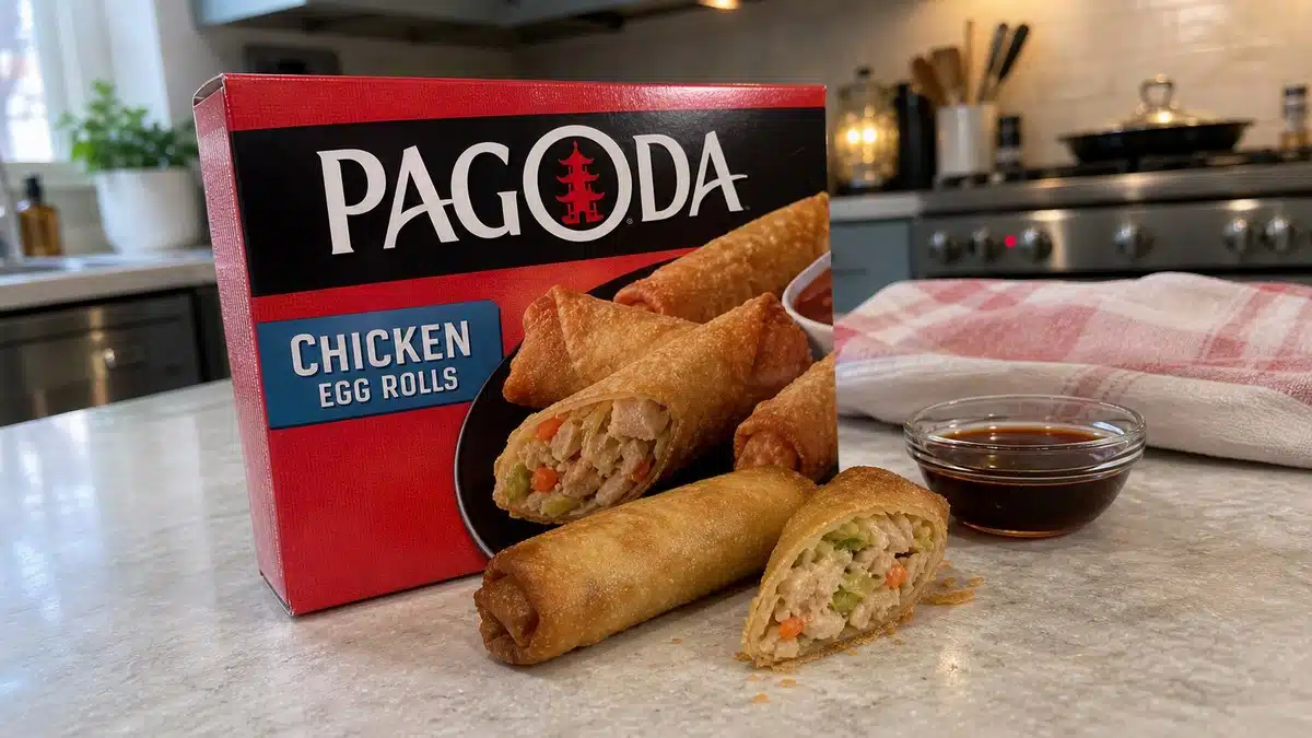 AI product-style photo of Pagoda Chicken Egg Rolls for best frozen egg rolls
