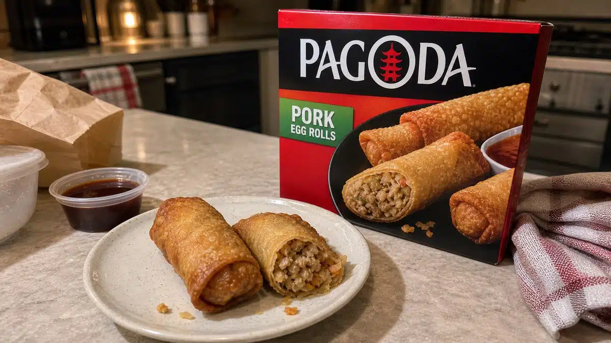 AI product-style photo of Pagoda Pork Egg Rolls for best frozen egg rolls
