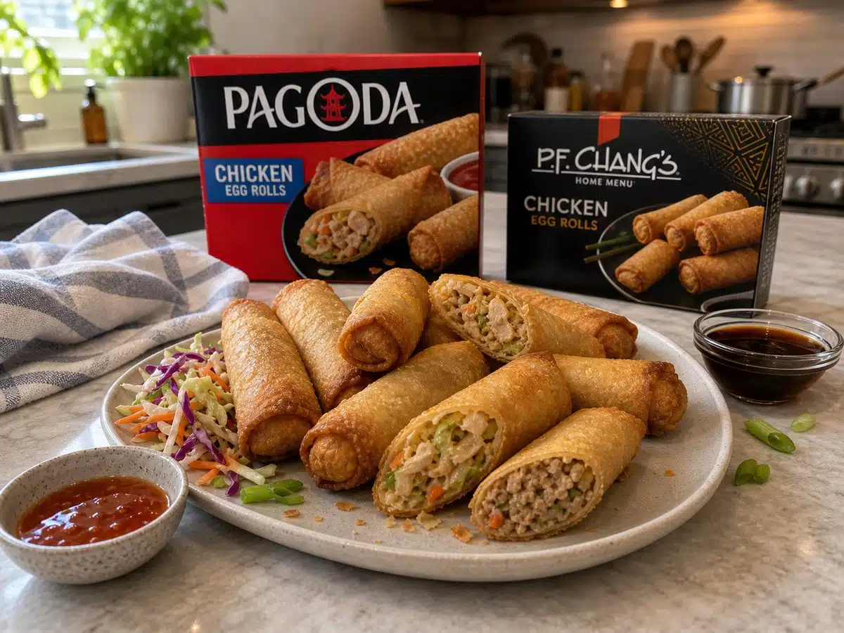 Frozen egg rolls plated with dipping sauces on a bright kitchen counter