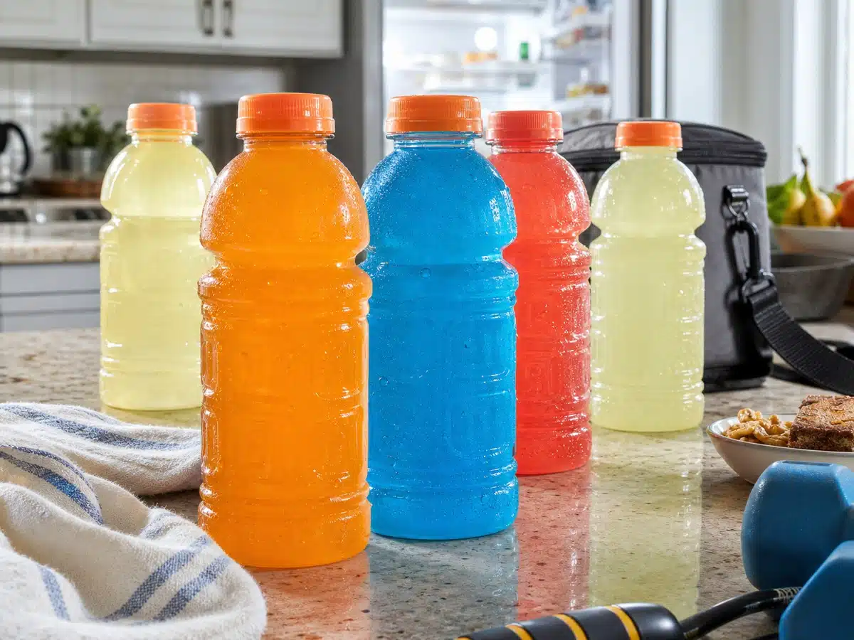 Gatorade-style sports drink bottles on a kitchen counter with workout gear