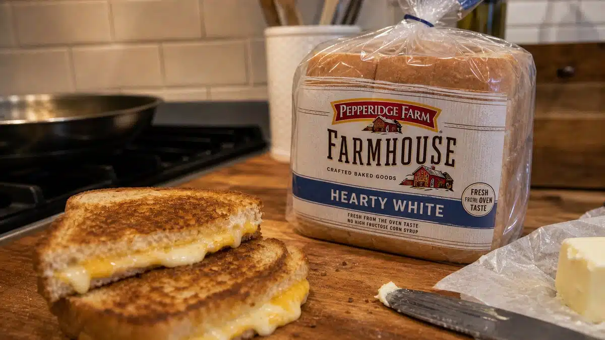 AI product-style photo of Pepperidge Farm Farmhouse Hearty White Bread for best grilled cheese bread