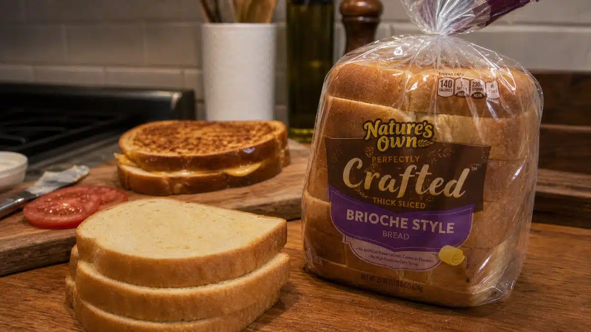 AI product-style photo of Nature's Own Perfectly Crafted Thick Sliced Brioche Style Bread for best grilled cheese bread