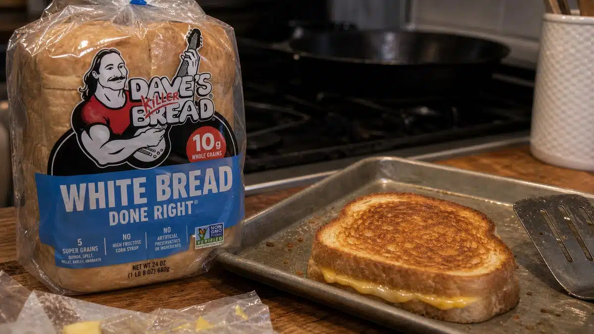AI product-style photo of Dave's Killer Bread White Bread Done Right for best grilled cheese bread