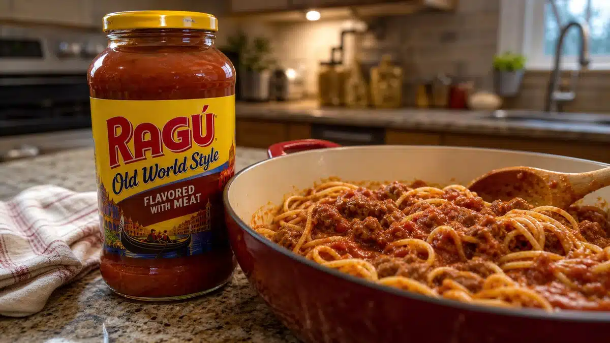 AI product-style photo of RAGU Old World Style Sauce Flavored with Meat for best jarred meat sauce