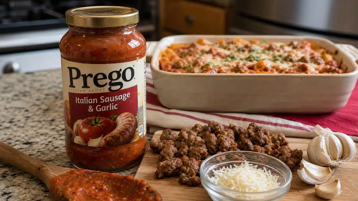AI product-style photo of Prego Italian Sausage & Garlic Meat Sauce for best jarred meat sauce