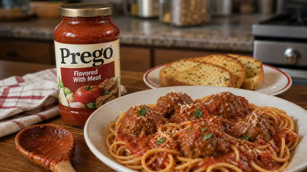 AI product-style photo of Prego Italian Tomato Pasta Sauce Flavored With Meat for best jarred meat sauce