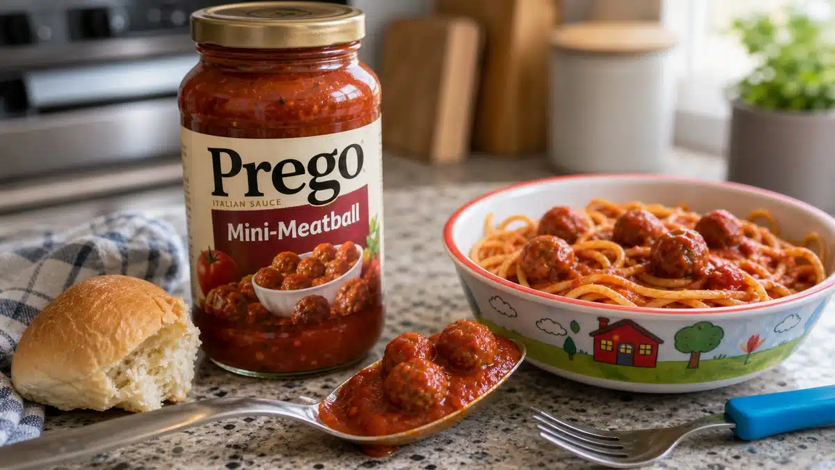 AI product-style photo of Prego Mini-Meatball Pasta Sauce for best jarred meat sauce