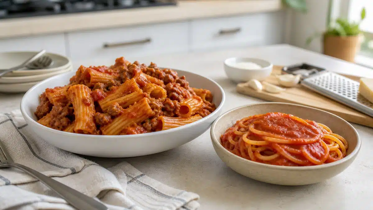 Meat sauce and marinara comparison on a kitchen counter for best jarred meat sauce