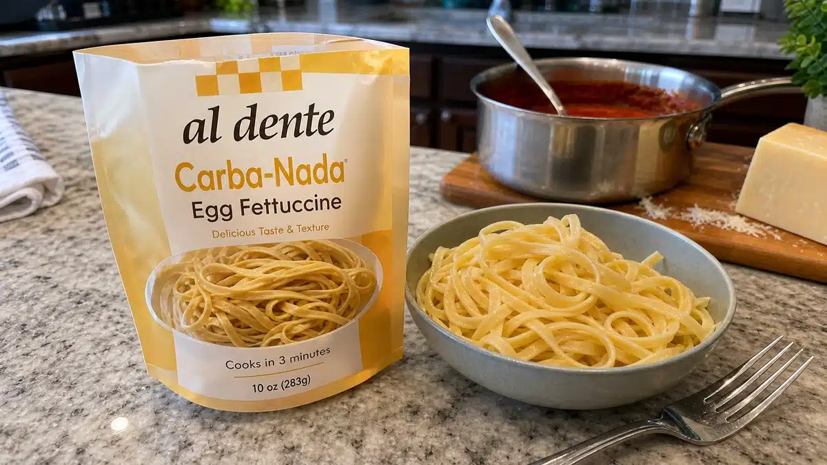 AI product-style photo of Al Dente Carba-Nada Egg Fettuccine for best keto pasta