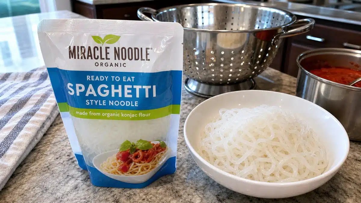 AI product-style photo of Miracle Noodle spaghetti style noodles for best keto pasta