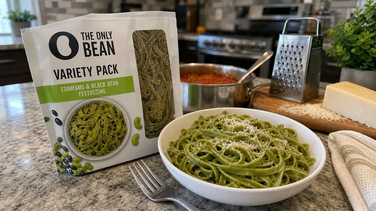 AI product-style photo of The Only Bean fettuccine for best keto pasta