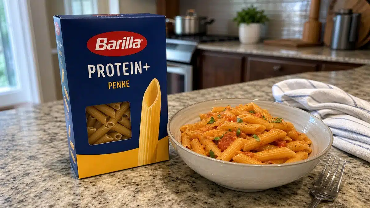 AI product-style photo of Barilla Protein+ Penne Pasta for best keto pasta