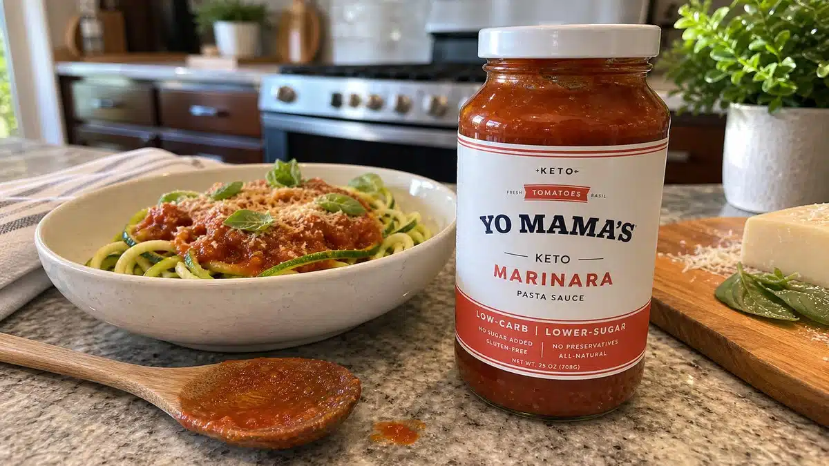 AI product-style photo of Yo Mama's keto marinara for best pasta sauce