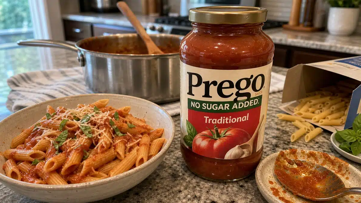 AI product-style photo of Prego No Sugar Added Pasta Sauce for best pasta sauce