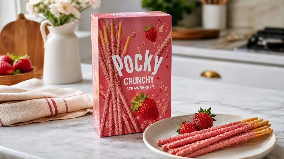 AI product-style photo of Pocky Crunchy Strawberry for best pocky flavors