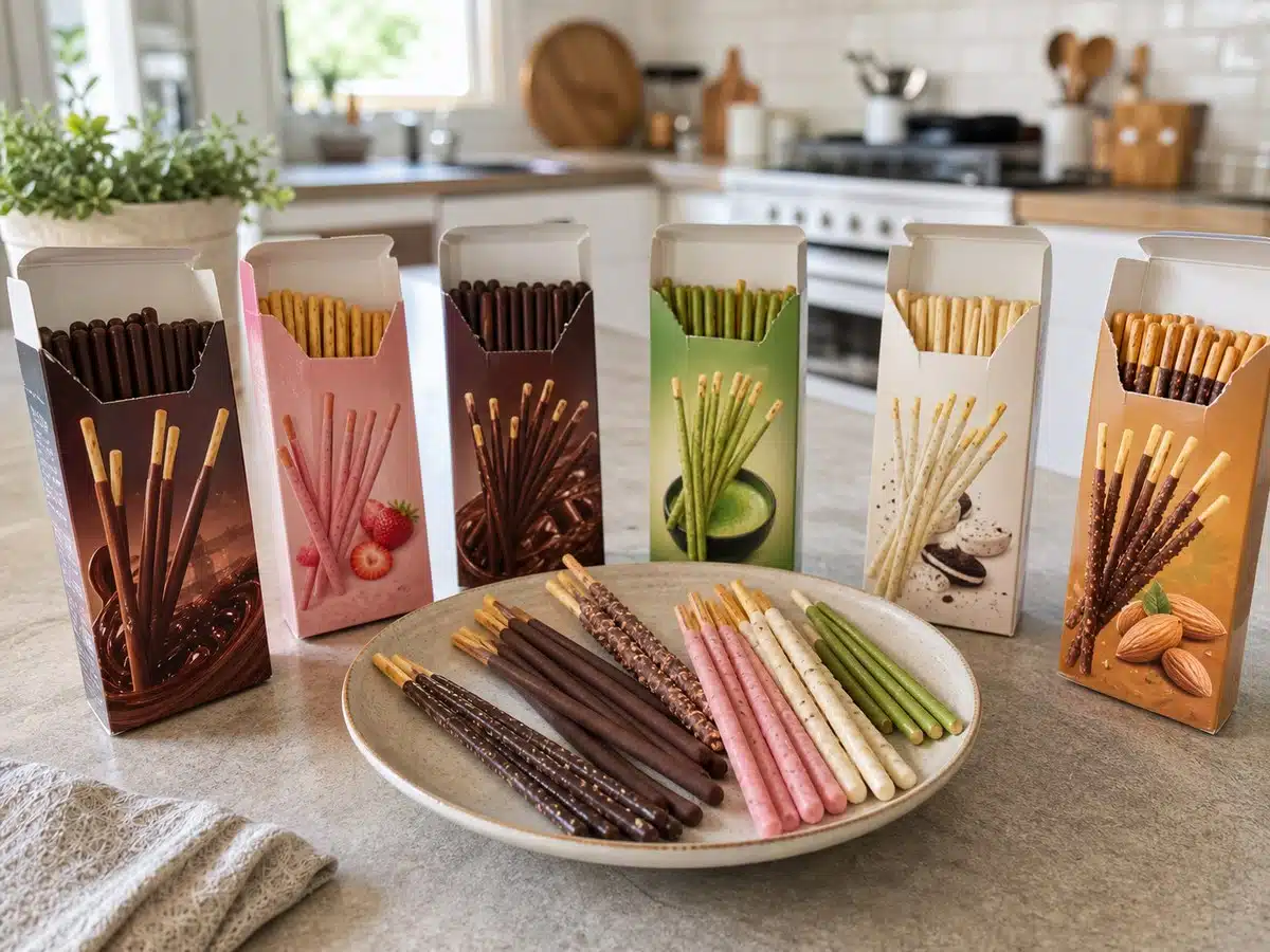 Pocky flavor boxes and biscuit sticks on a bright kitchen counter