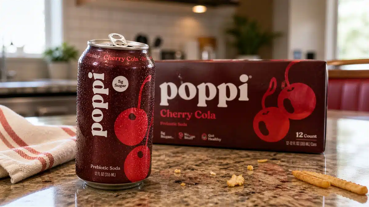 AI product-style photo of Poppi Cherry Cola for best poppi flavors
