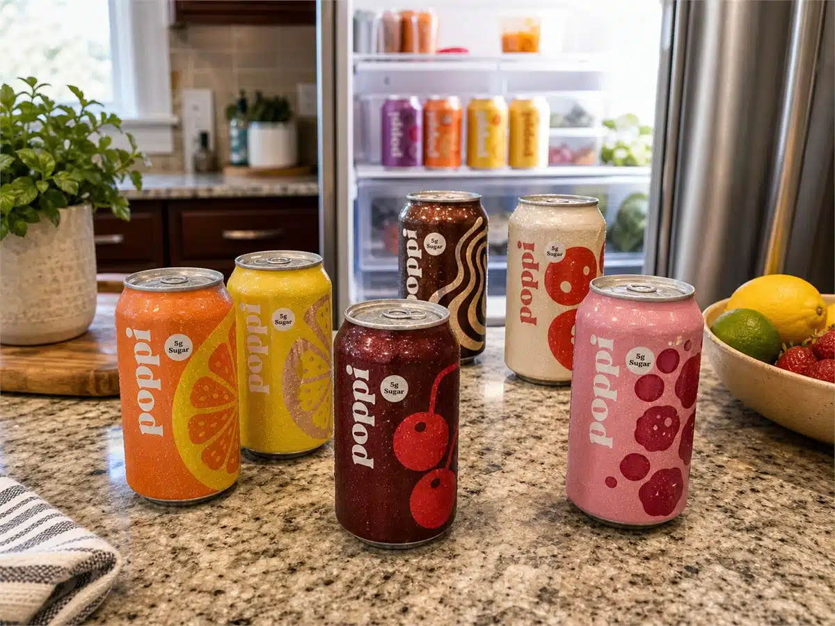 Poppi soda cans with citrus and berry cues on a bright kitchen counter