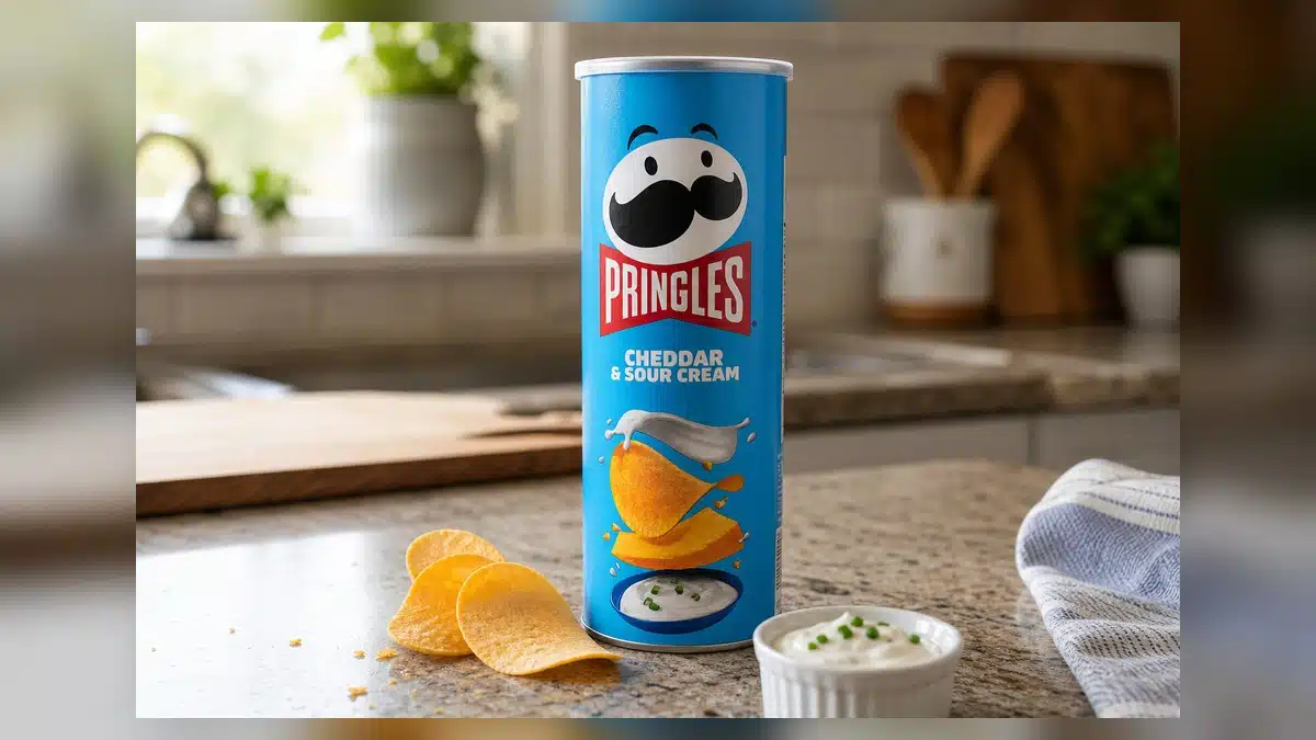 AI product-style photo of Pringles Cheddar and Sour Cream Crisps for best pringles flavors