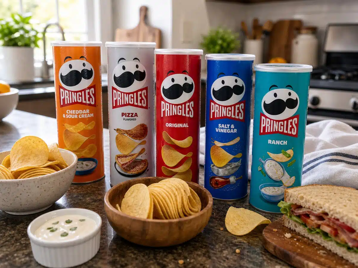 Editorial image of ranked Pringles cans and crisps on a kitchen counter for best pringles flavors