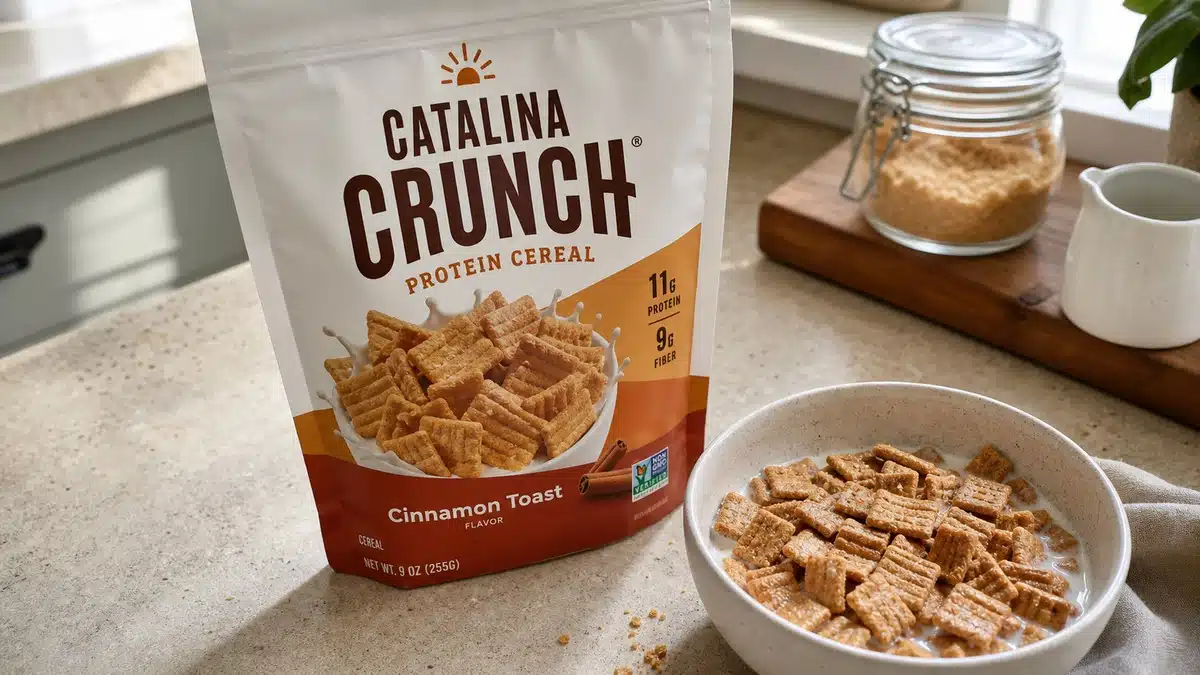 AI product-style photo of Catalina Crunch Cinnamon Toast protein cereal for best protein cereal