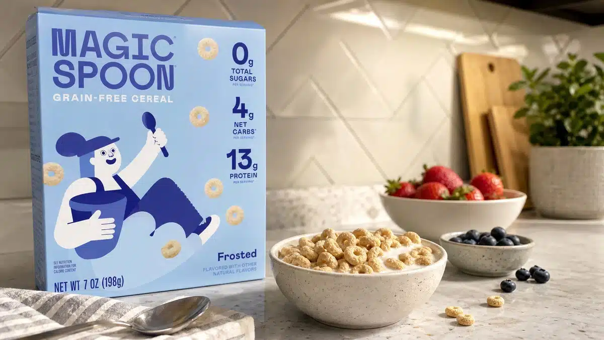 AI product-style photo of Magic Spoon Frosted protein cereal for best protein cereal