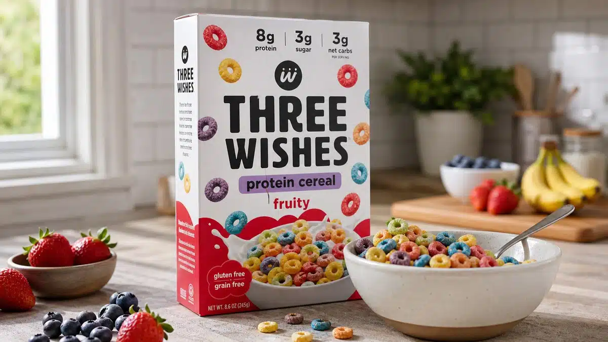 AI product-style photo of Three Wishes Fruity protein cereal for best protein cereal