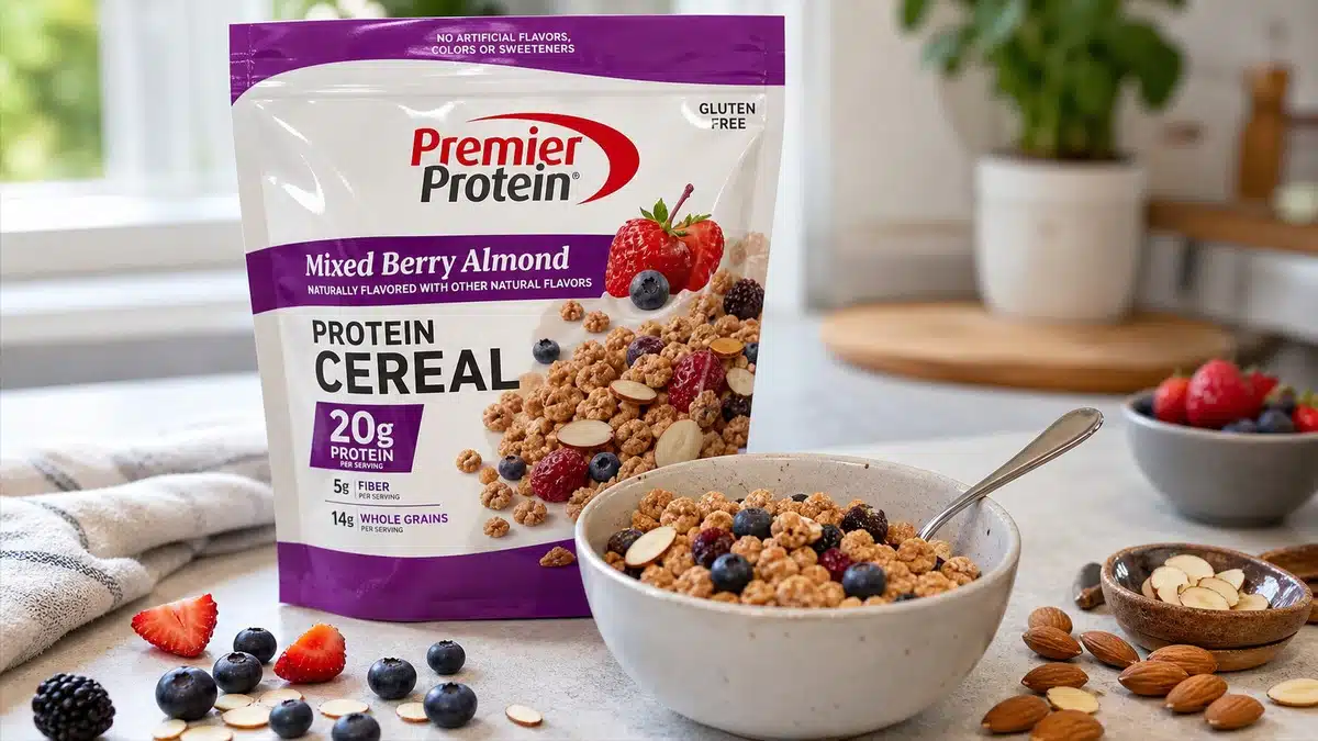 AI product-style photo of Premier Protein Mixed Berry Almond cereal for best protein cereal