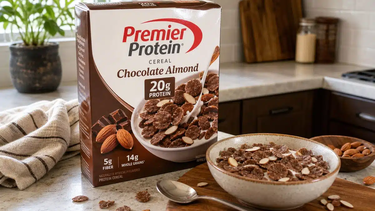 AI product-style photo of Premier Protein Chocolate Almond cereal for best protein cereal