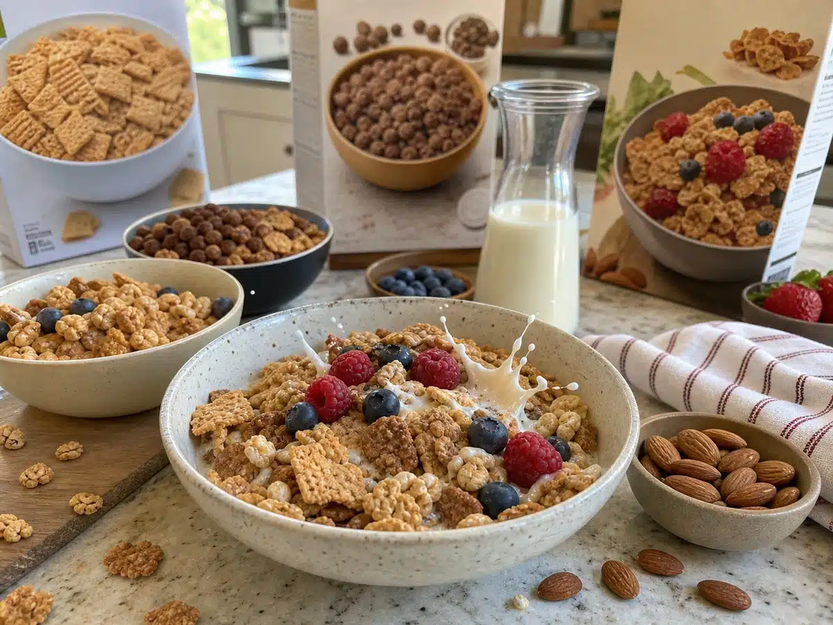 Best protein cereal boxes and bowls on a kitchen counter