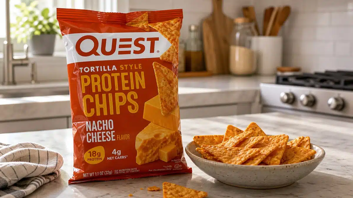 AI product-style photo of Quest Tortilla Style Nacho Cheese for best quest protein chips
