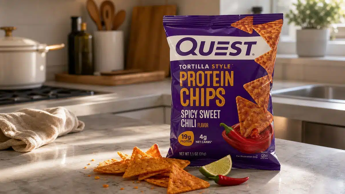 AI product-style photo of Quest Tortilla Style Spicy Sweet Chili for best quest protein chips