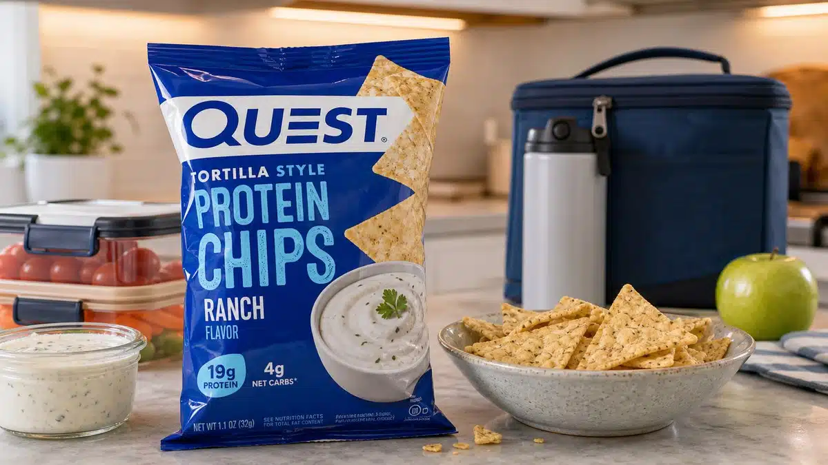 AI product-style photo of Quest Tortilla Style Ranch for best quest protein chips
