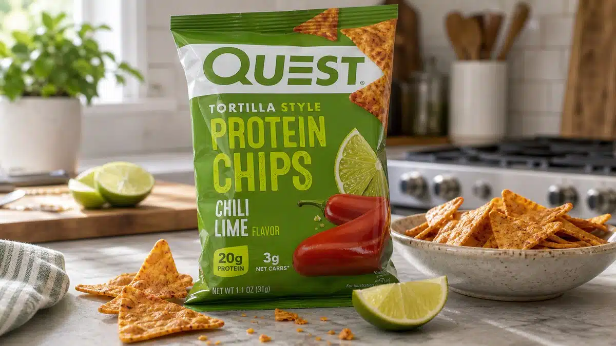 AI product-style photo of Quest Tortilla Style Chili Lime for best quest protein chips