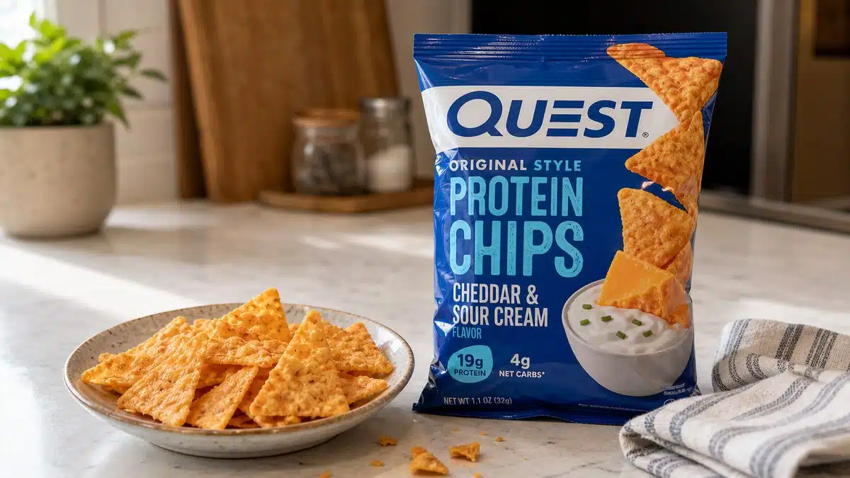 AI product-style photo of Quest Original Style Cheddar and Sour Cream for best quest protein chips