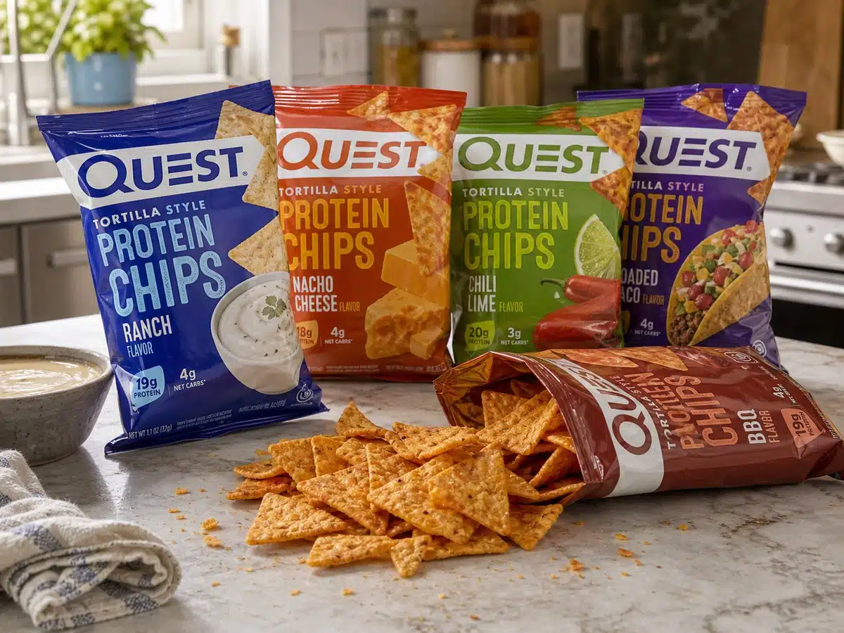 Quest protein chip bags and tortilla-style chips on a bright kitchen counter
