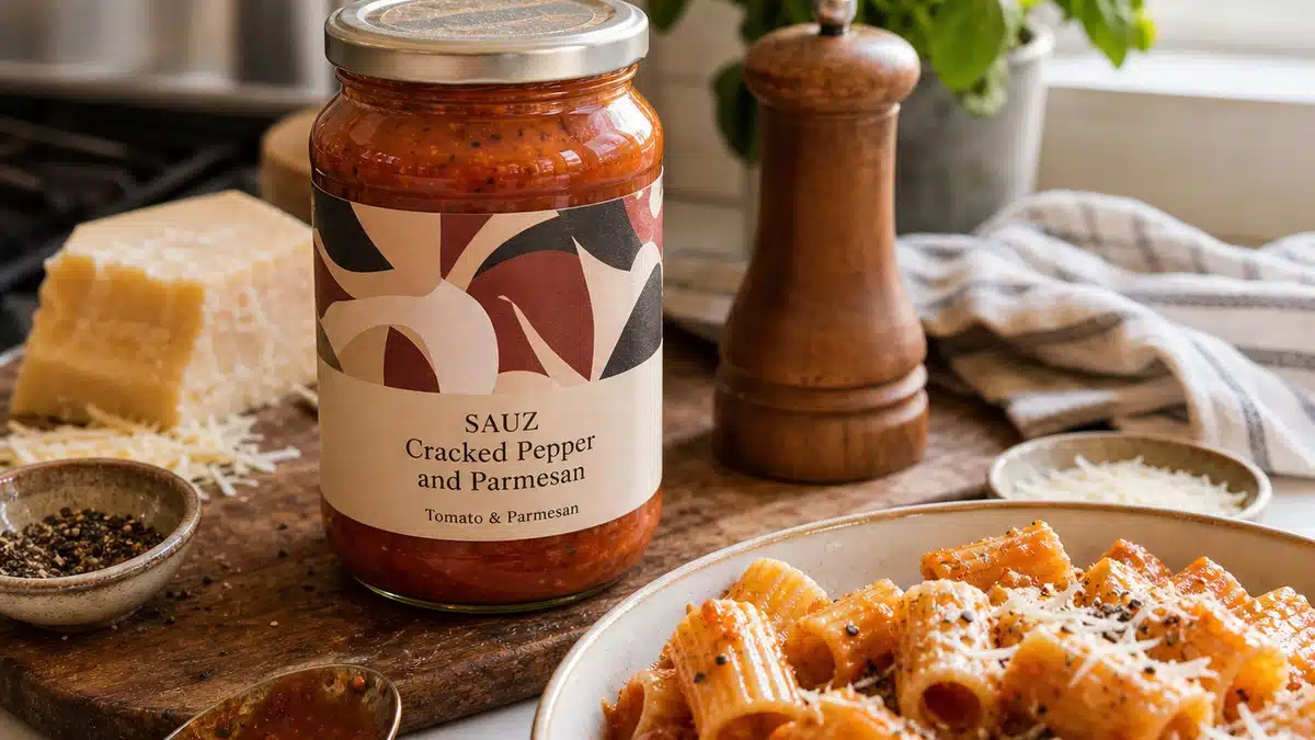 AI product-style photo of Sauz Cracked Pepper and Parmesan sauce for best sauz pasta sauce flavors